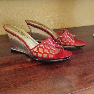 Women's Red Dezario wedge slide in pumps w clear 3 1/4" heel SZ 8 small.